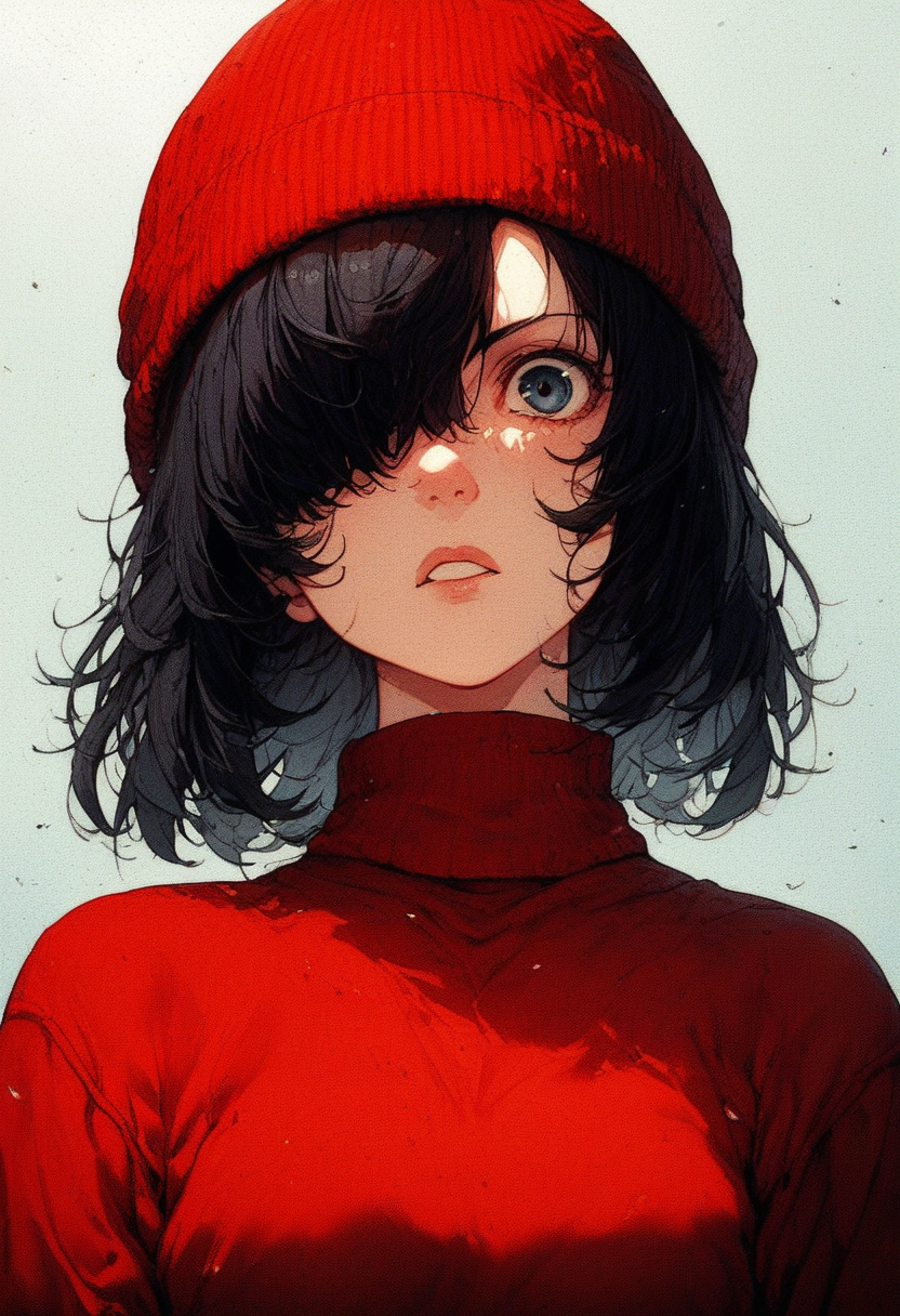 00083-1923623921-0125-_lora_Kenva_1.0_ score_9, knva, halftone effect, 1girl, solo, red sweater, black bob hair, hair covering one eye, red knitted ha.png